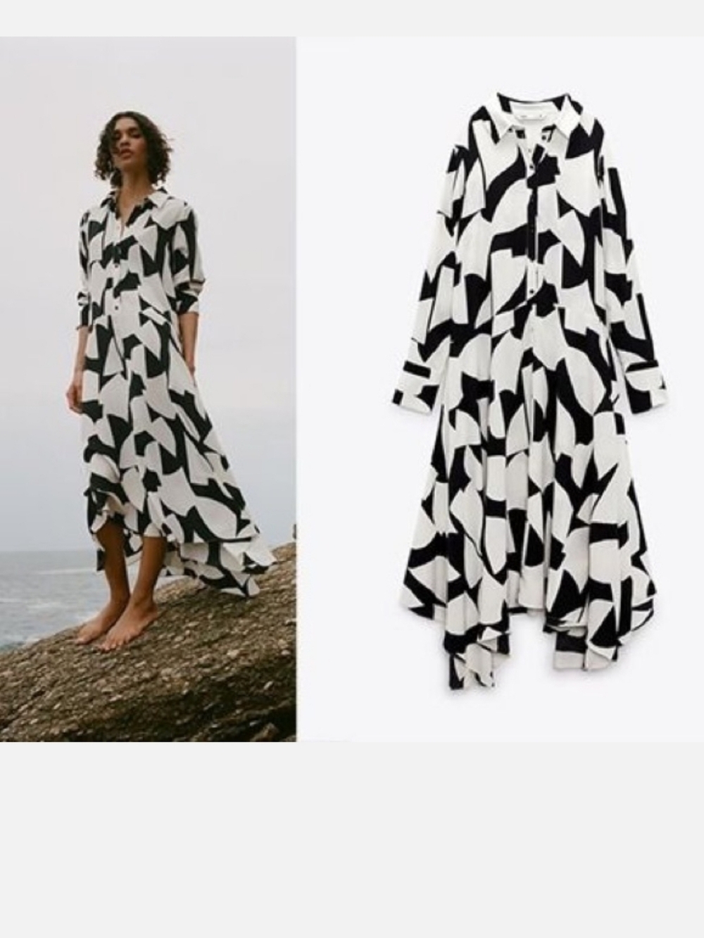 Zara Black & White Abstract High-Low Shirtdress